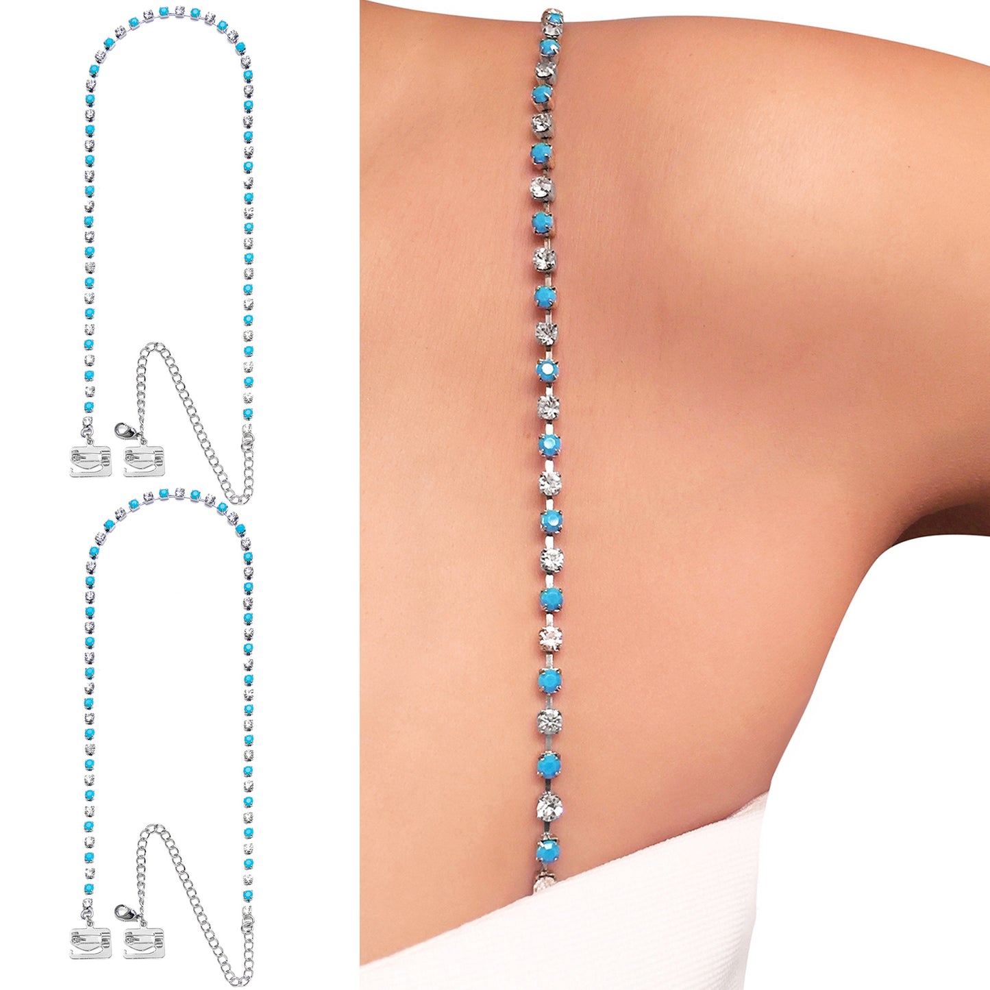 Dainty Aqua Crystals (Silver) Rhinestone Dress Straps