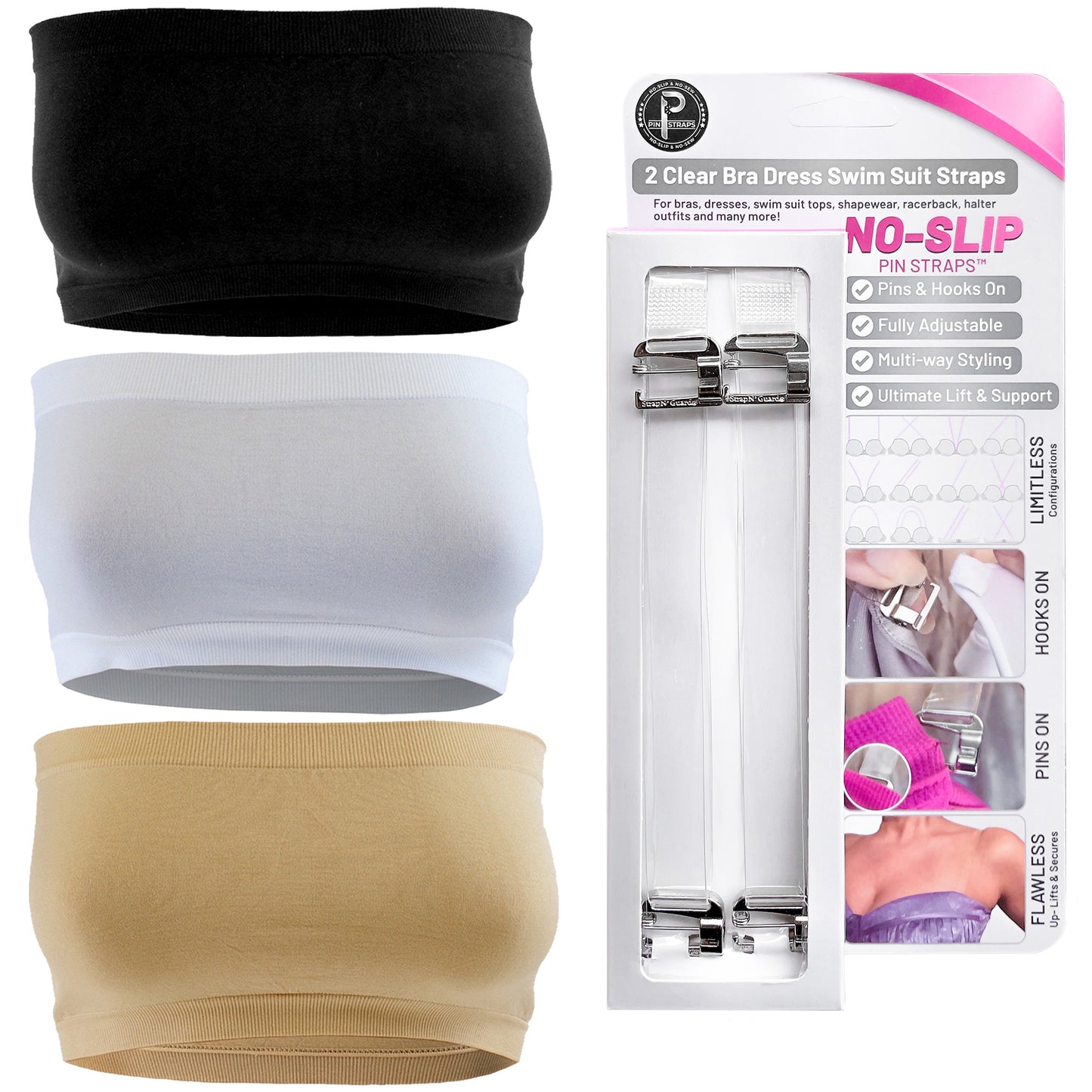 Seamless Tube Top Bra (in Black, White or Nude) with Clear Straps