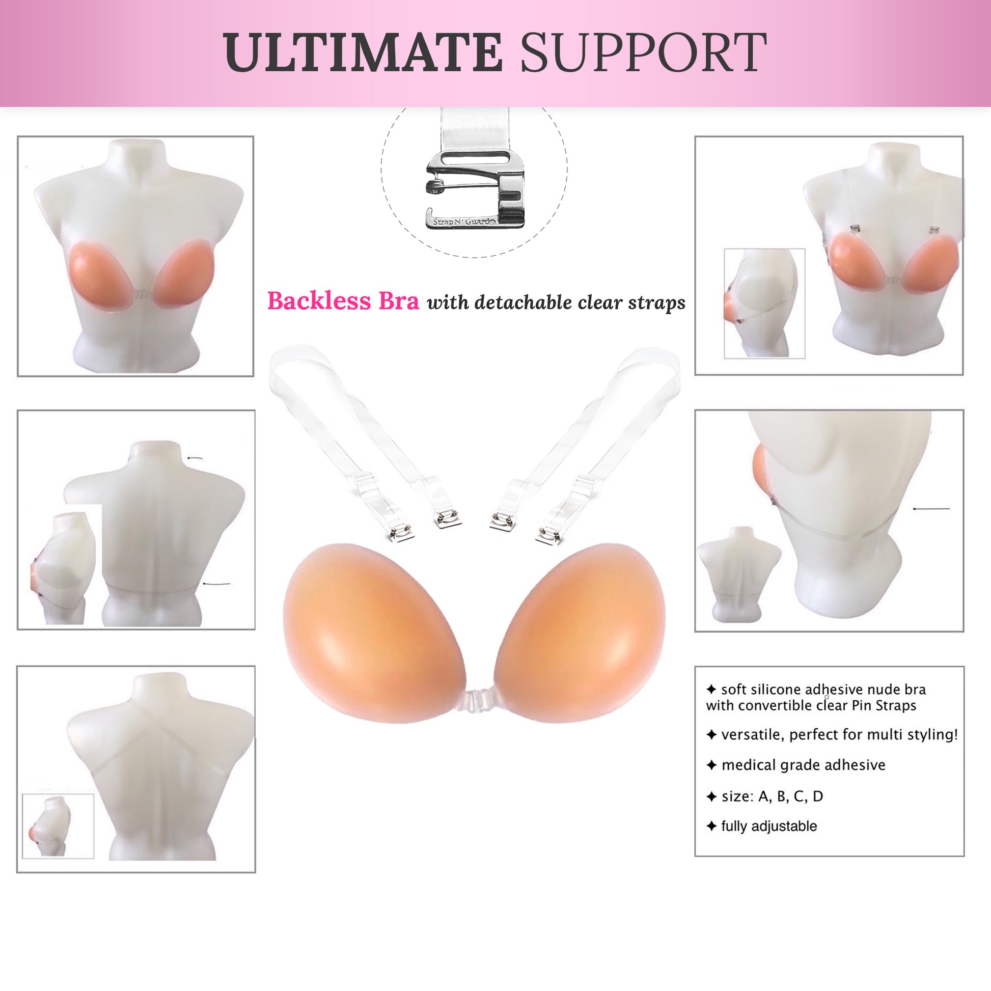 Backless Adhesive Bra (Nude) with Detachable Clear Bra Straps