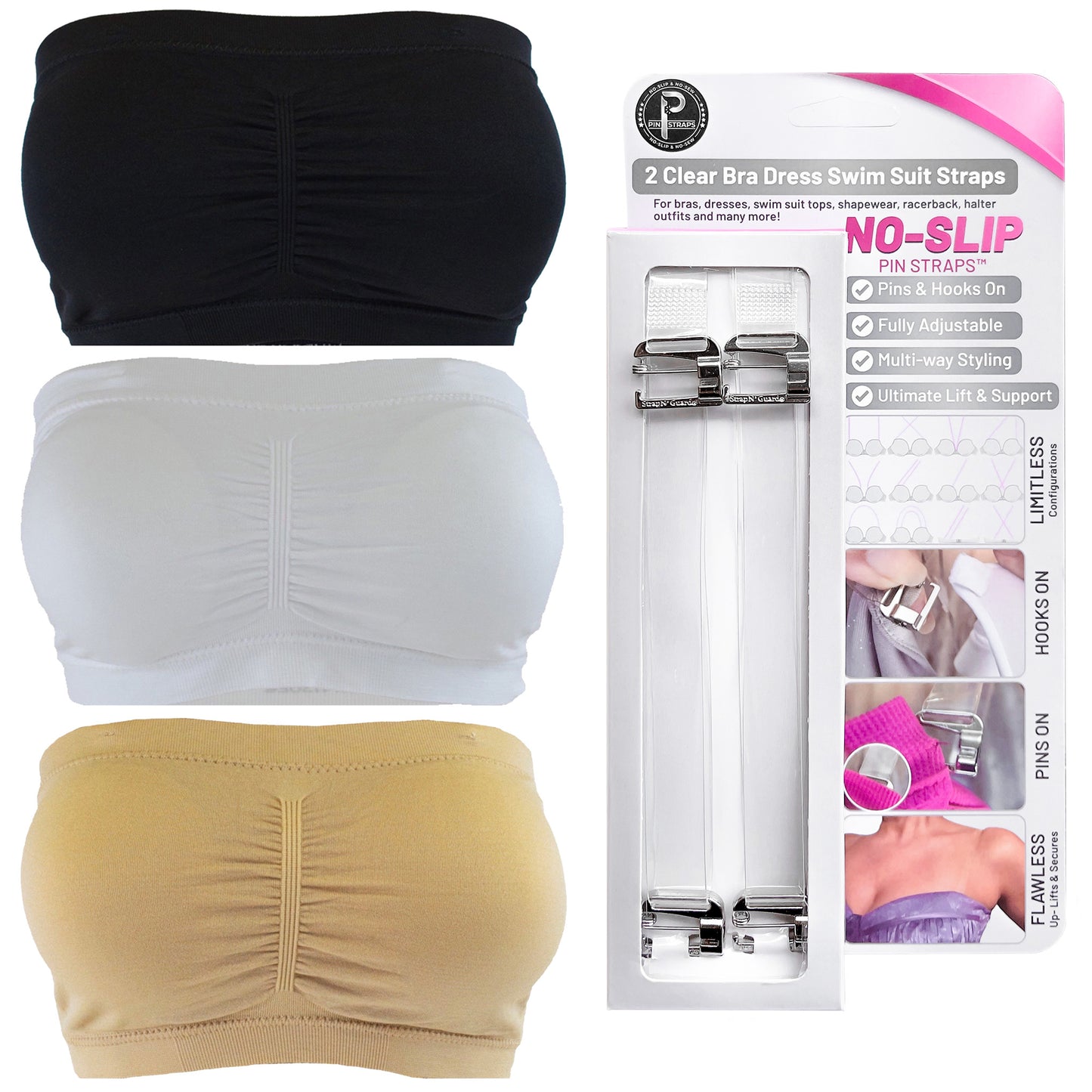 Padded Tube Top Bra (in Black, White or Nude) with Clear Straps